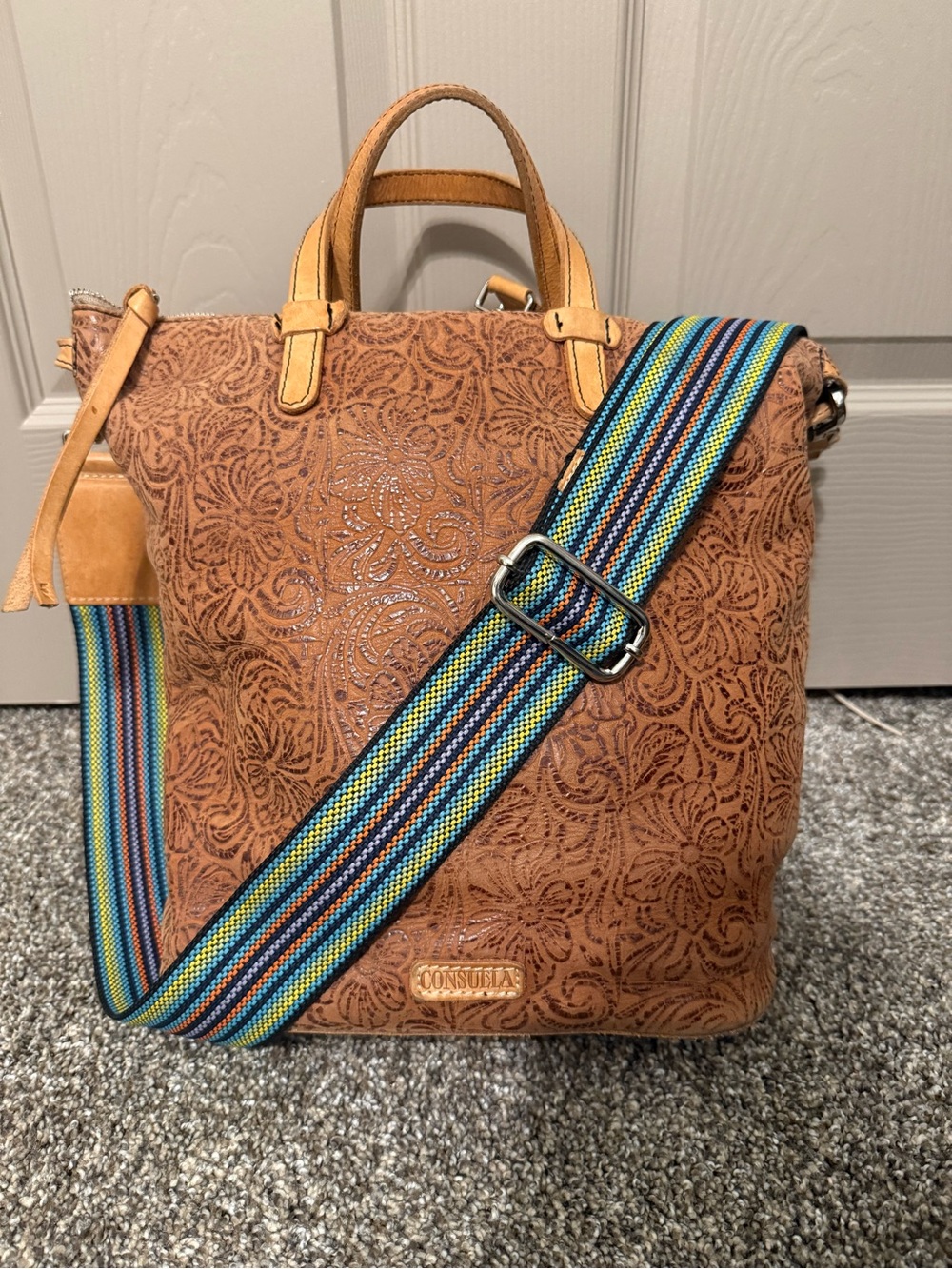 Consuela Tan Embossed Leather Crossbody Tote with Multicolor Strap